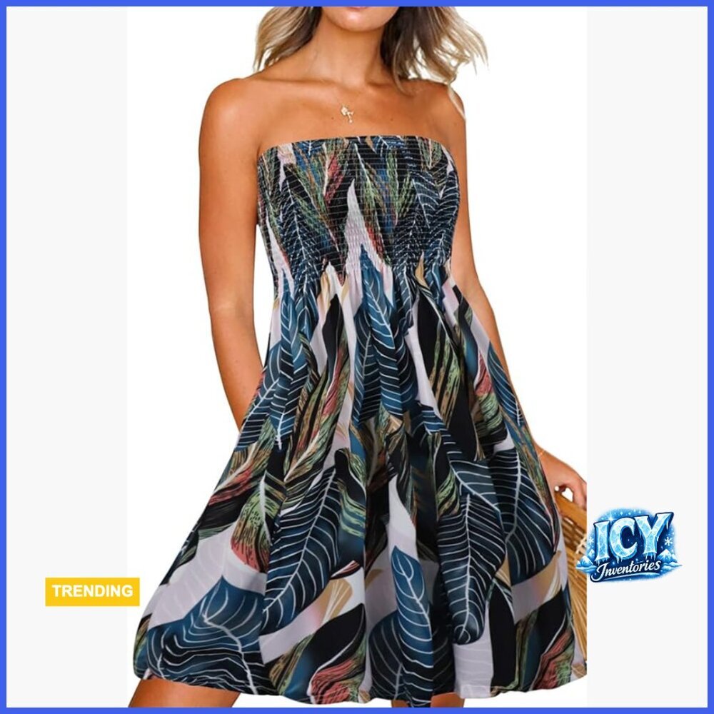 Polyester Strapless Tube Top Dress Smocked Beach Coverup